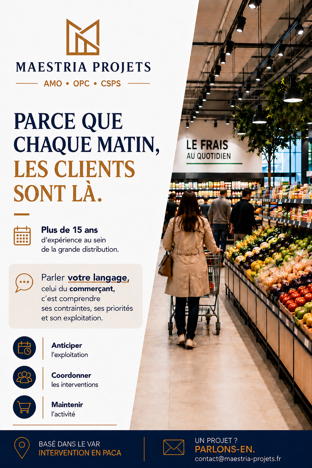 Visuel MAESTRIA PROJETS consacré au pilotage d’interventions dans un commerce en activité.